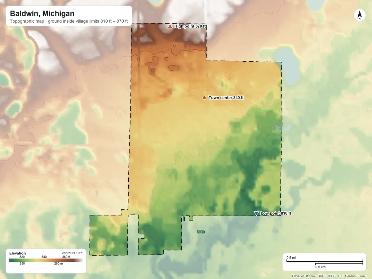 Topographic elevation map of Baldwin, Michigan, shaded from 810 ft on the southeast side to 870 ft on the northwest side