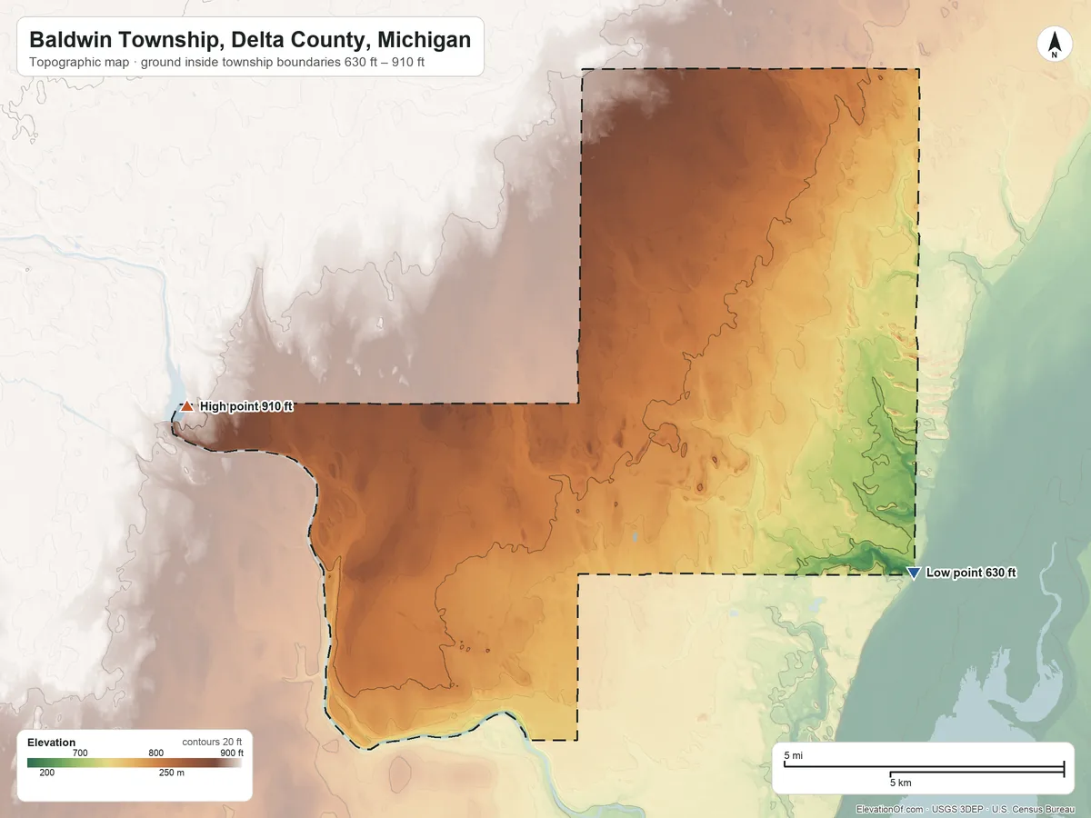 Topographic elevation map of Baldwin Township, Delta County, Michigan, shaded from 630 ft on the southeast side to 910 ft on the west side
