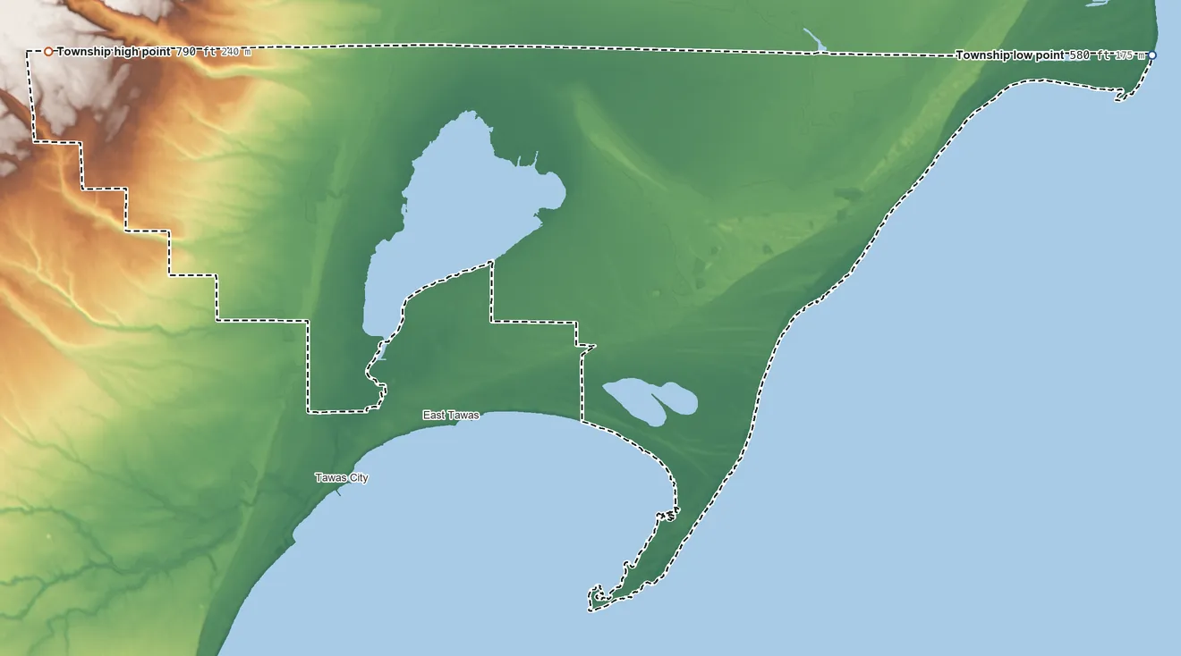 Topographic elevation map of Baldwin Township, Michigan, shaded from 580 ft on the east side to 790 ft on the west side