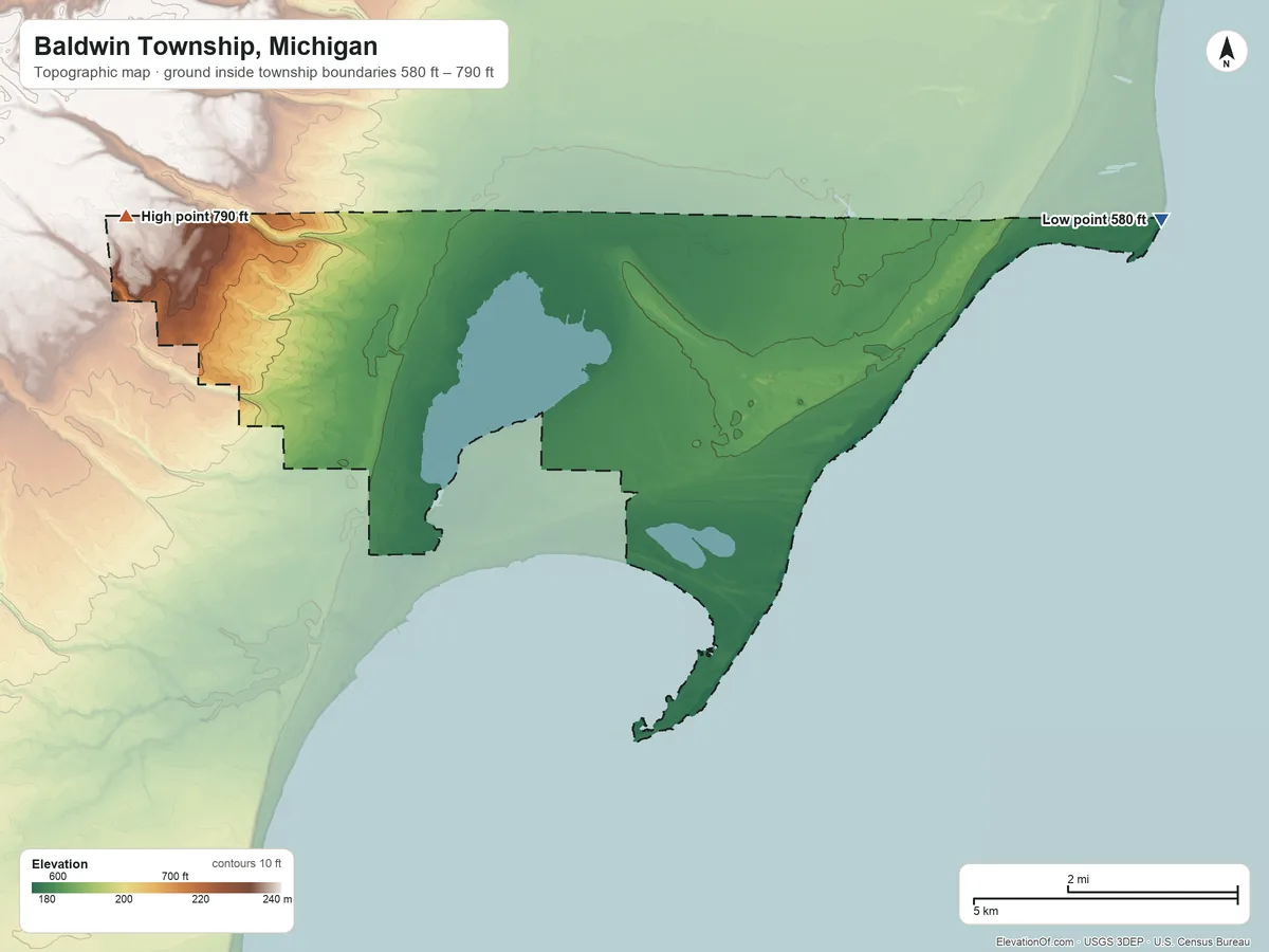 Topographic elevation map of Baldwin Township, Michigan, shaded from 580 ft on the east side to 790 ft on the west side