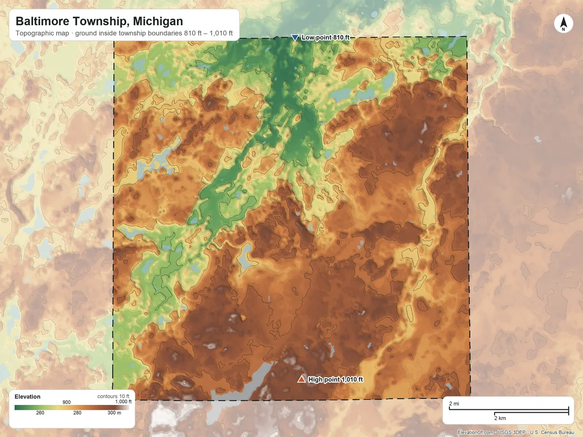 Topographic elevation map of Baltimore Township, Michigan, shaded from 810 ft on the north side to 1,010 ft on the south side