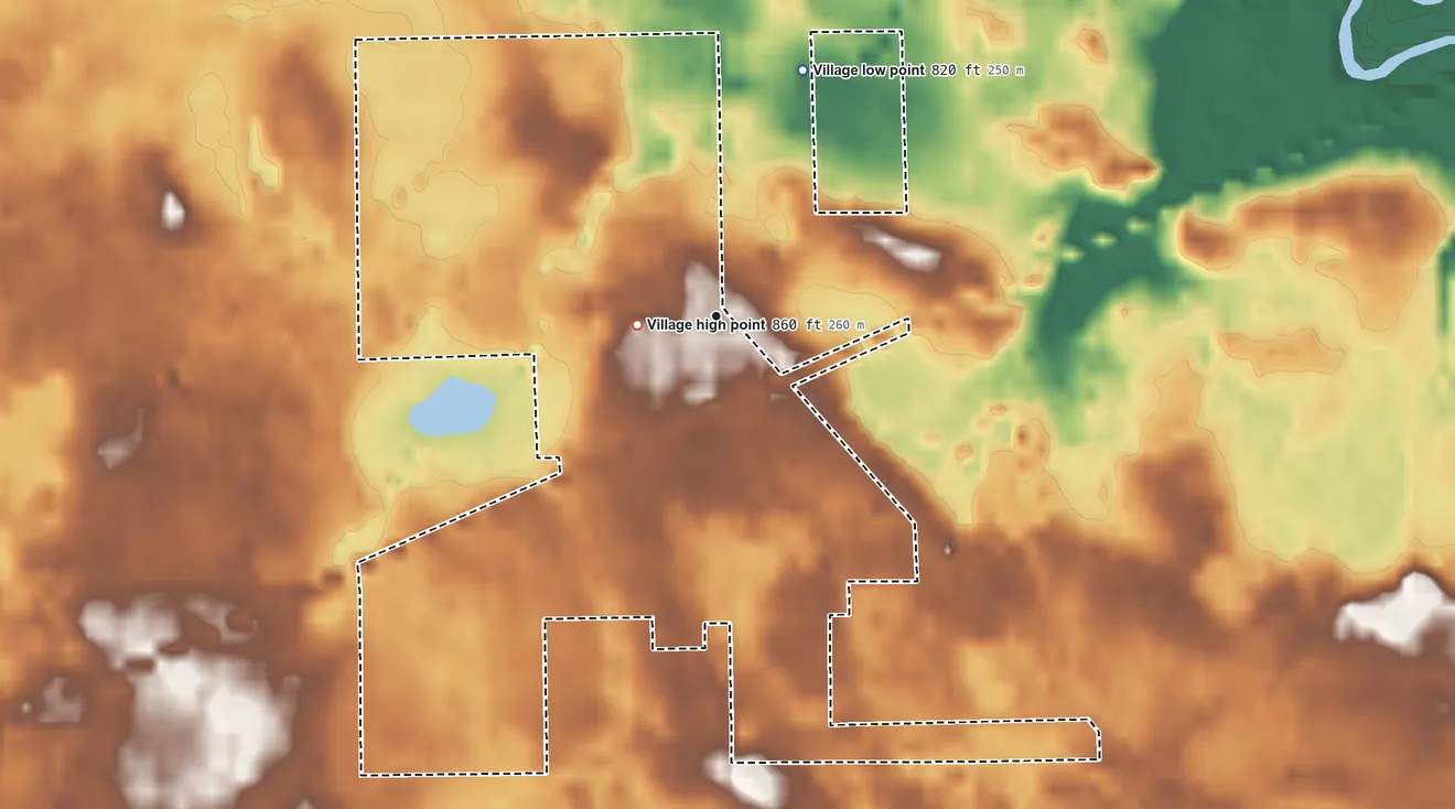Topographic elevation map of Bancroft, Michigan, shaded from 820 ft on the north side to 860 ft near the middle