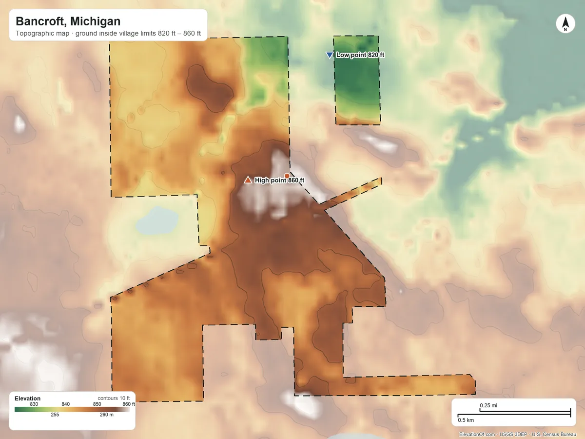 Topographic elevation map of Bancroft, Michigan, shaded from 820 ft on the north side to 860 ft near the middle