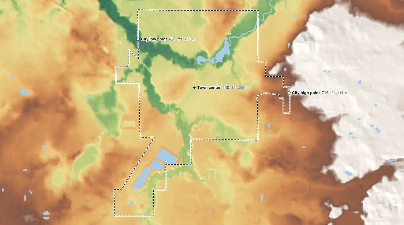 Topographic elevation map of Bangor, Michigan, shaded from 620 ft on the northwest side to 710 ft on the east side