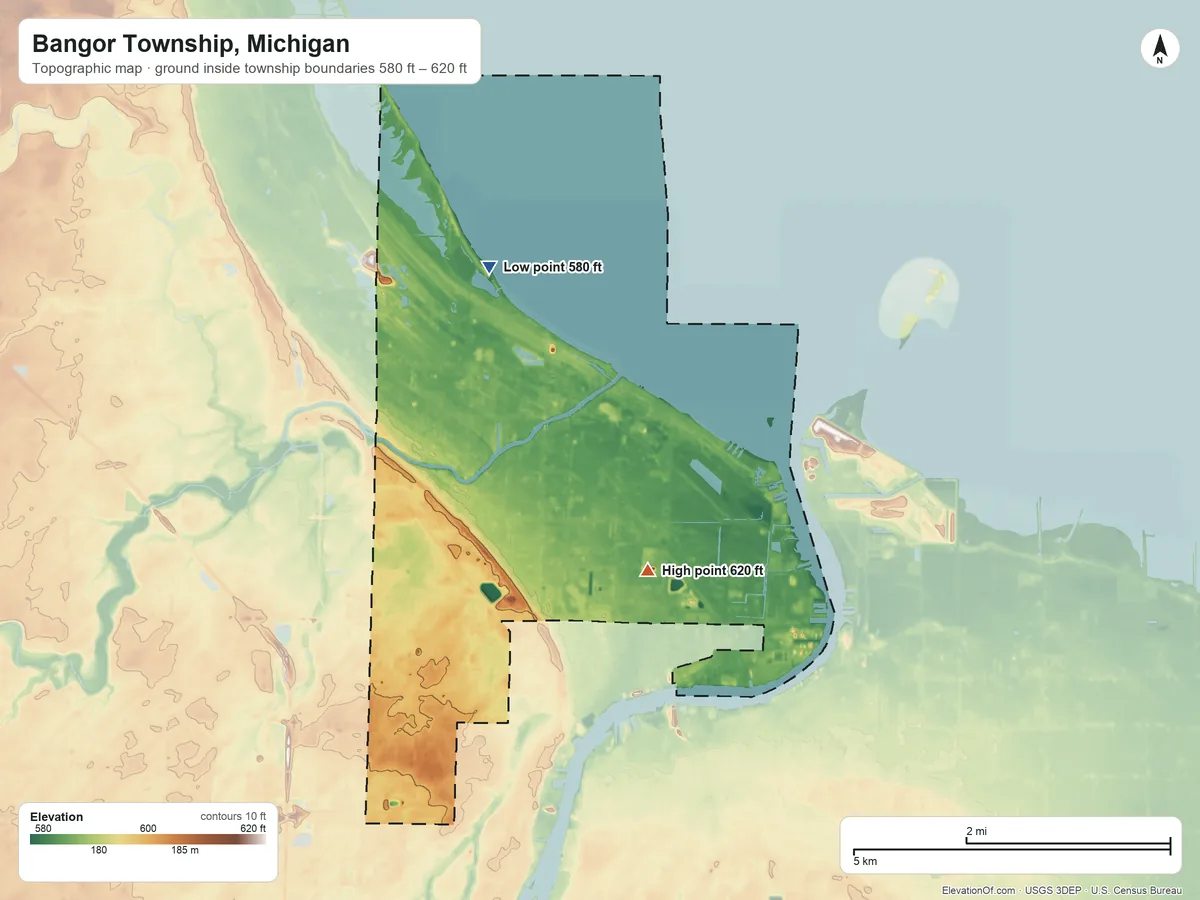 Topographic elevation map of Bangor Township, Michigan, shaded from 580 ft on the shore of Lake Huron to 620 ft on the east side