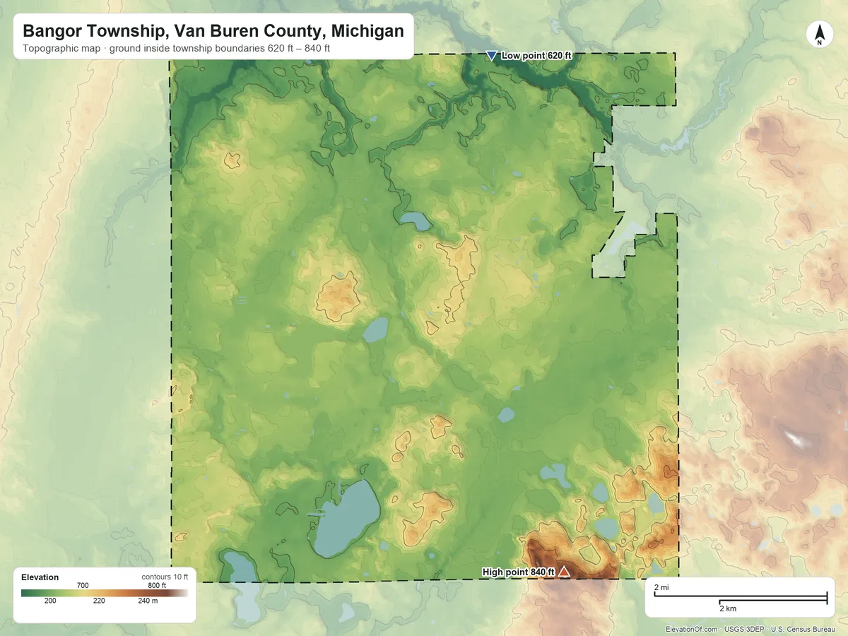 Topographic elevation map of Bangor Township, Van Buren County, Michigan, shaded from 620 ft on the north side to 840 ft on the southeast side