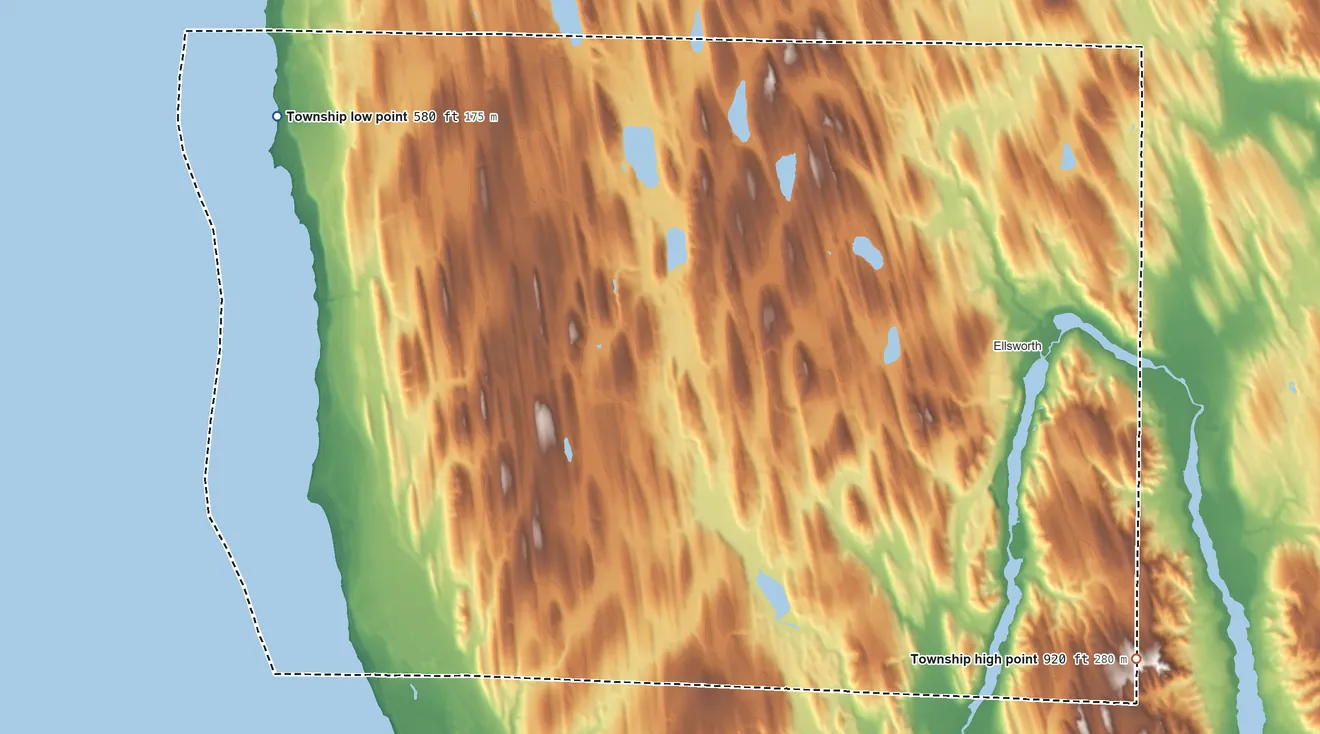 Topographic elevation map of Banks Township, Michigan, shaded from 580 ft on the northwest side to 920 ft on the southeast side