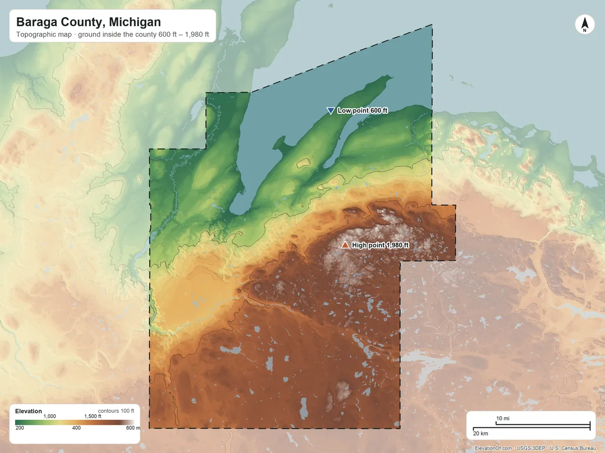 Topographic elevation map of Baraga County, Michigan, shaded from 600 ft on the north side to 1,980 ft on Mount Curwood