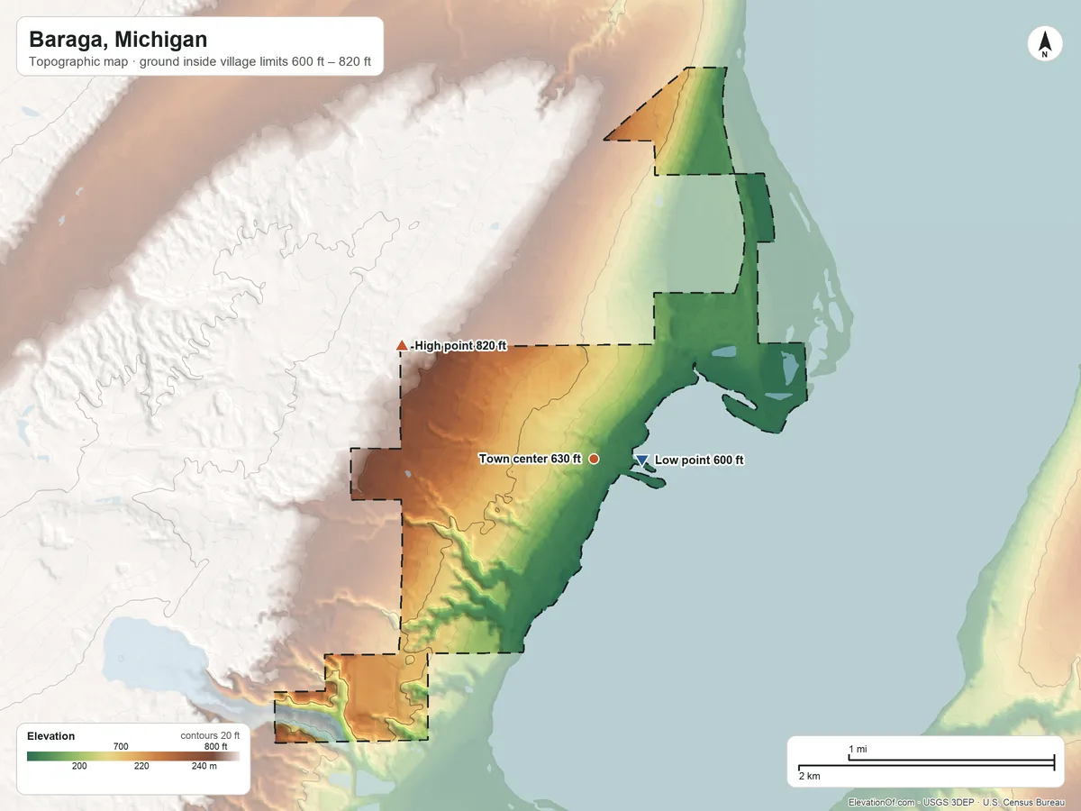 Topographic elevation map of Baraga, Michigan, shaded from 600 ft near the middle to 820 ft on the northwest side