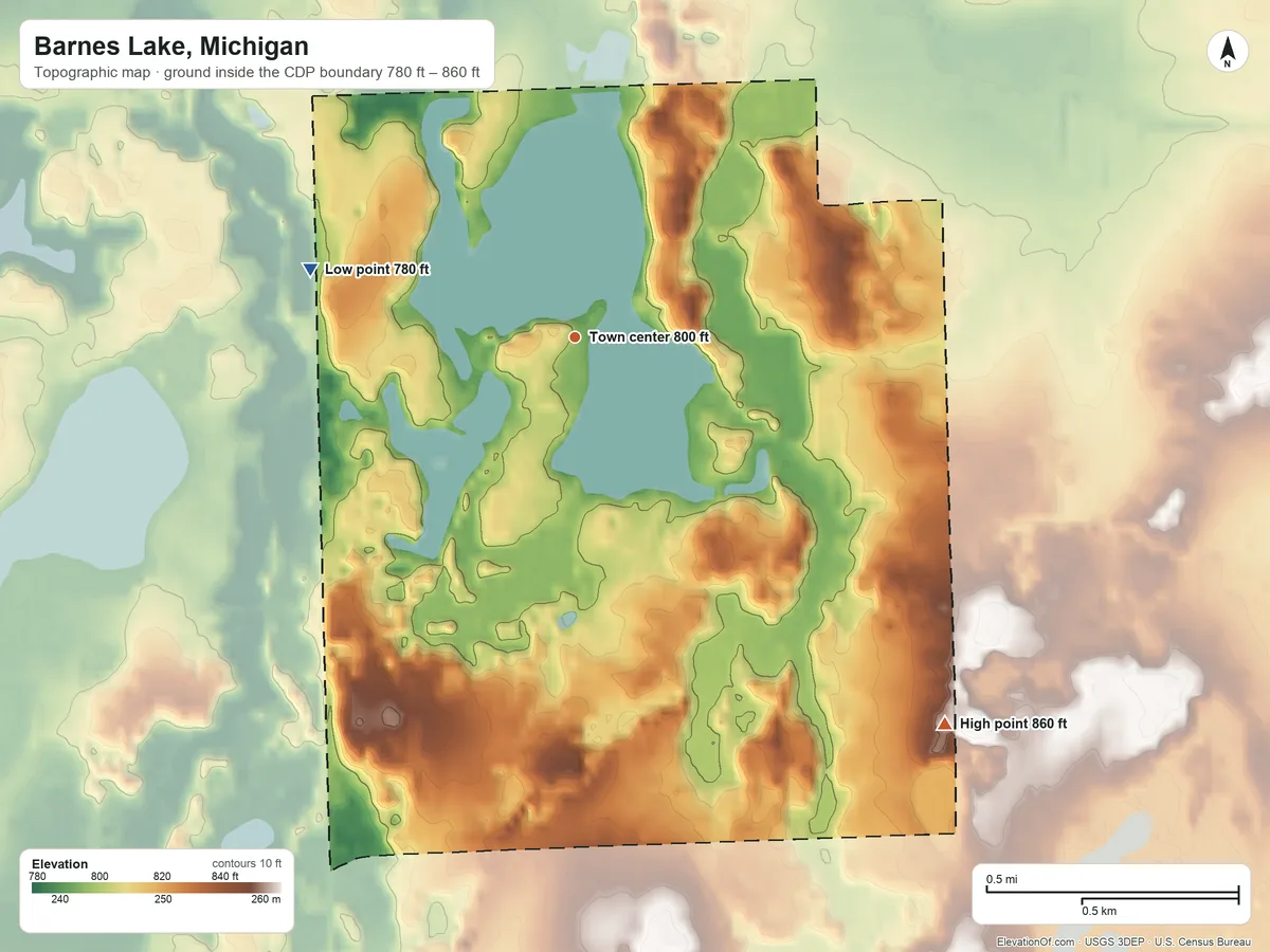 Topographic elevation map of Barnes Lake, Michigan, shaded from 780 ft on the west side to 860 ft on the southeast side