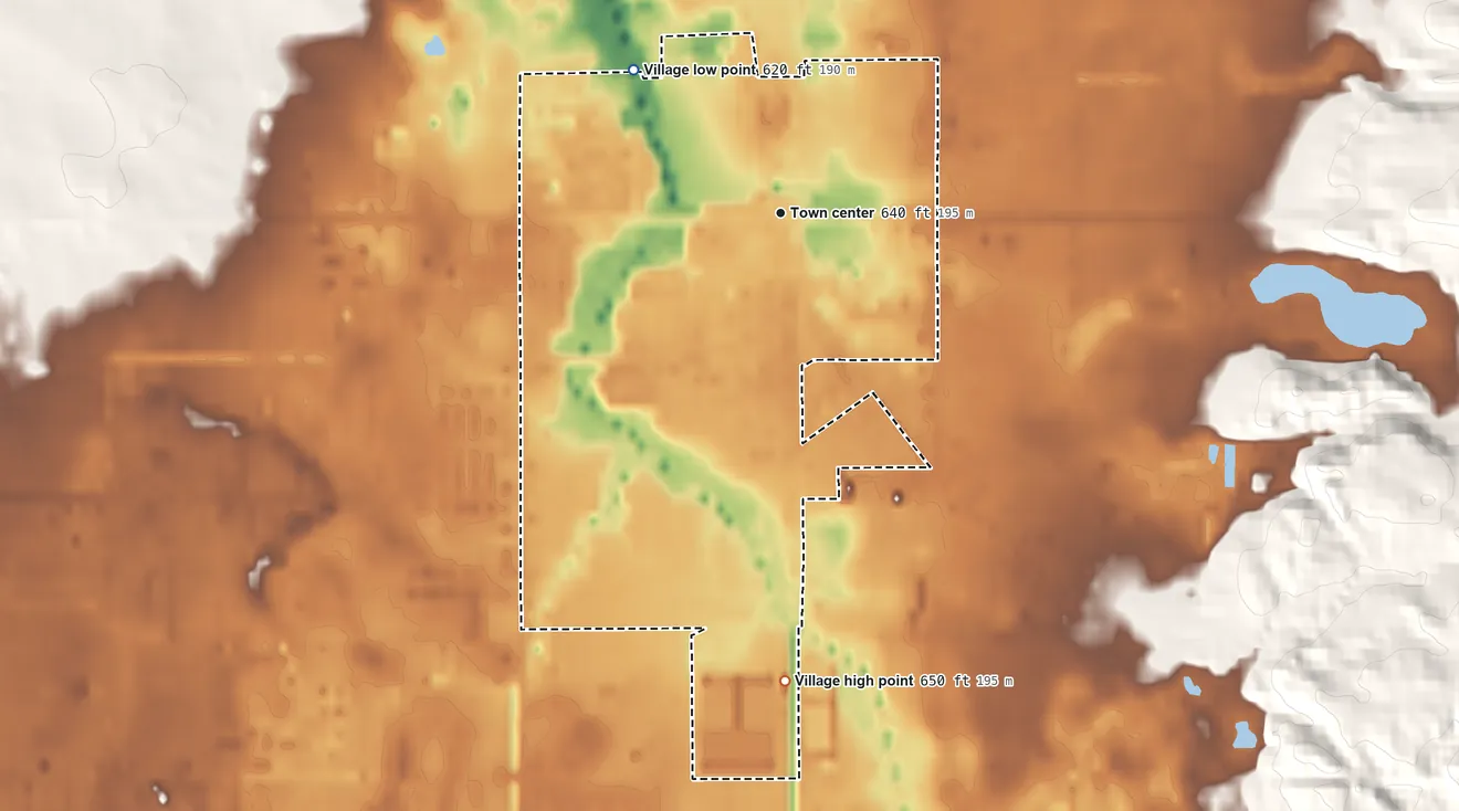 Topographic elevation map of Baroda, Michigan, shaded from 620 ft on the northwest side to 650 ft on the south side