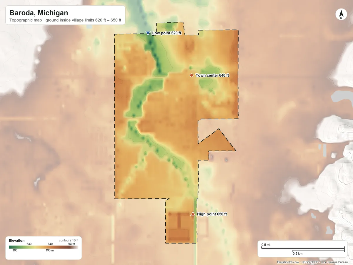 Topographic elevation map of Baroda, Michigan, shaded from 620 ft on the northwest side to 650 ft on the south side
