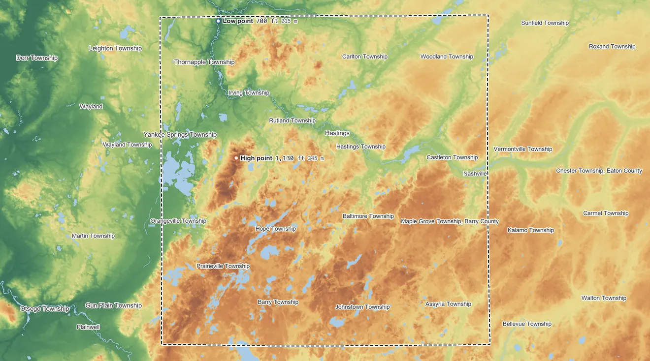 Topographic elevation map of Barry County, Michigan, shaded from 700 ft on the northwest side to 1,130 ft on the west side