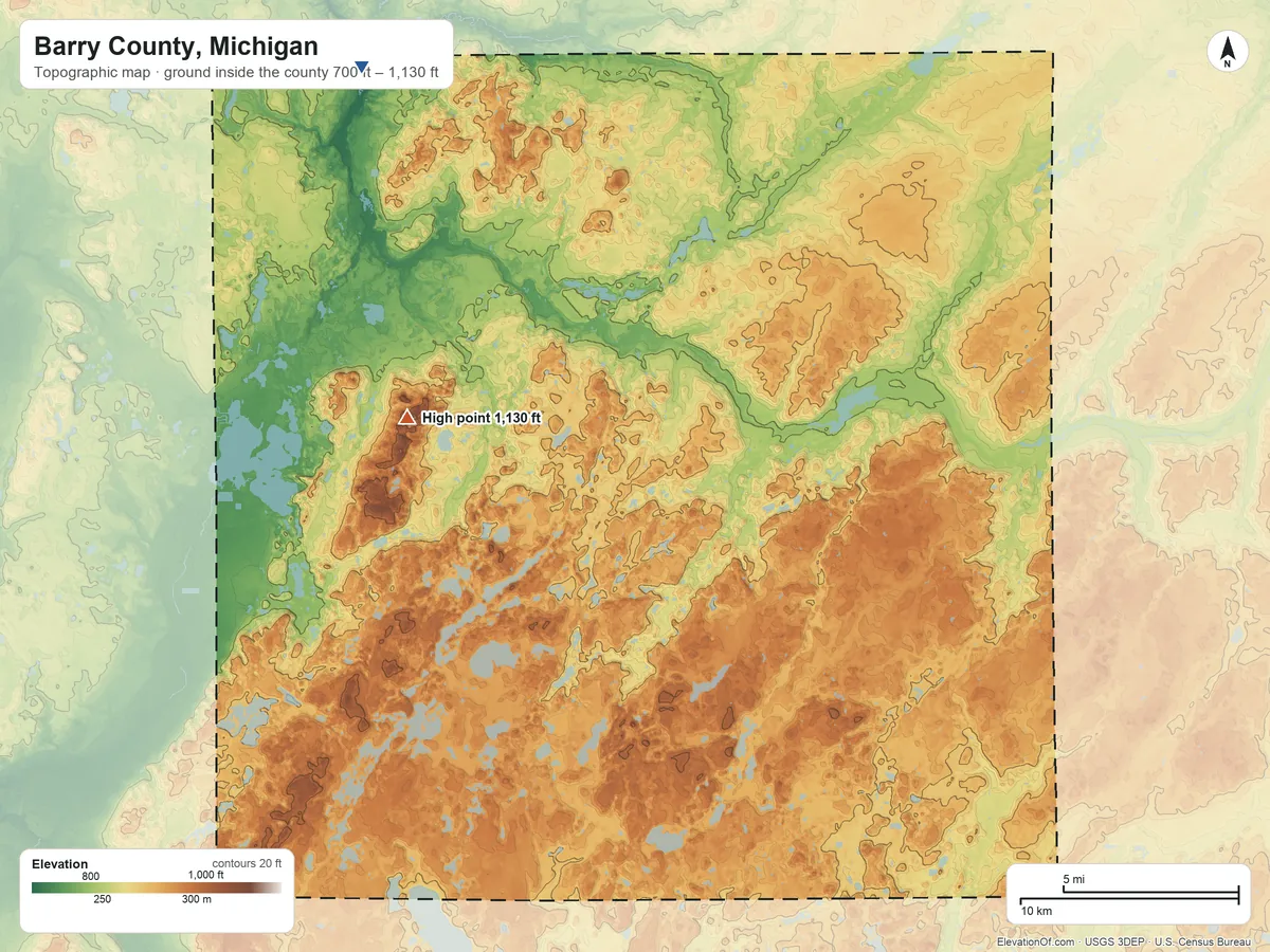 Topographic elevation map of Barry County, Michigan, shaded from 700 ft on the northwest side to 1,130 ft on the west side