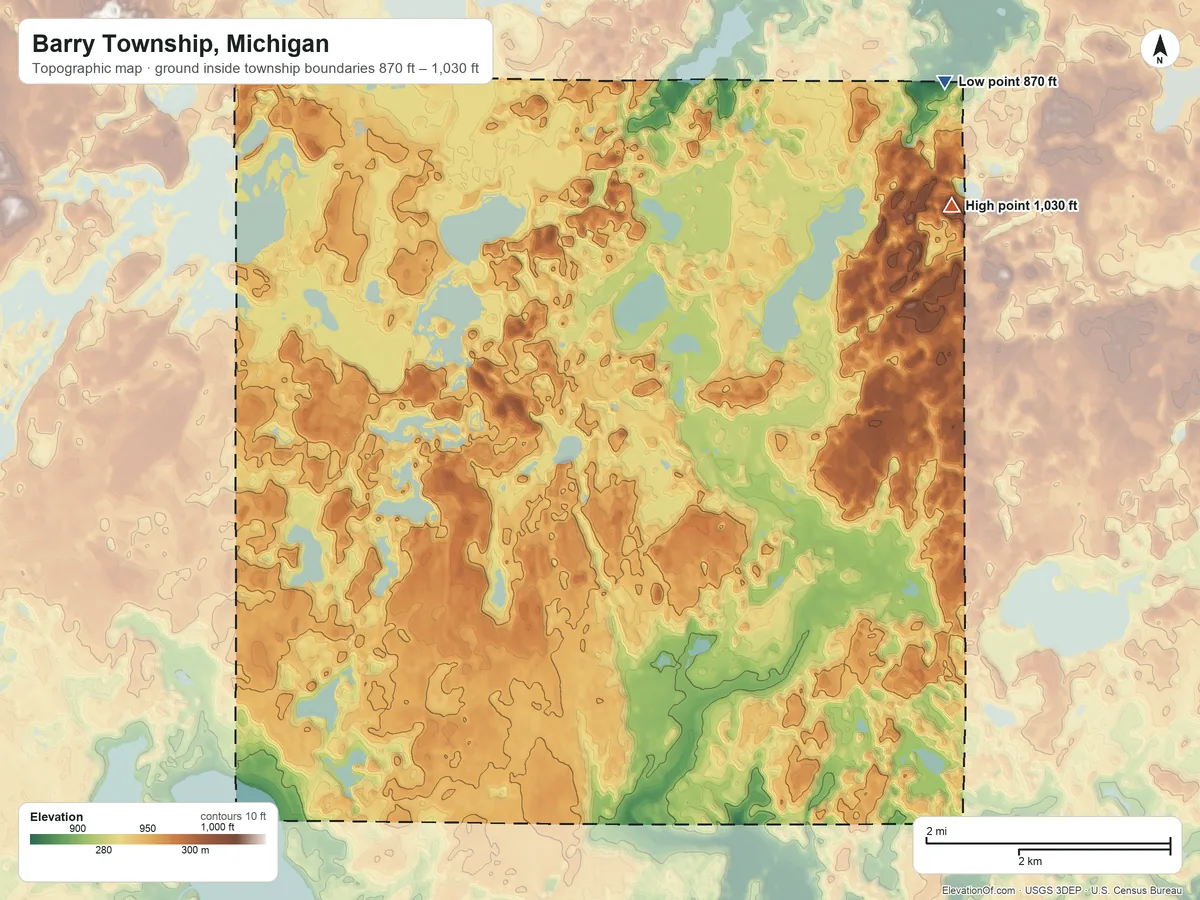 Topographic elevation map of Barry Township, Michigan, shaded from 870 ft on the northeast side to 1,030 ft on the northeast side