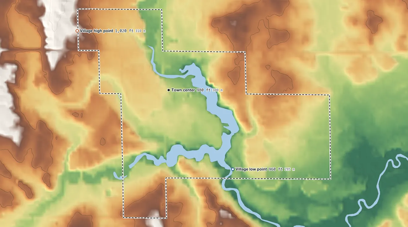 Topographic elevation map of Barryton, Michigan, shaded from 960 ft on the southeast side to 1,020 ft on the northwest side