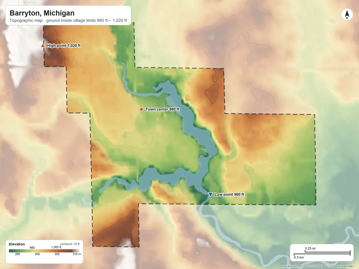 Topographic elevation map of Barryton, Michigan, shaded from 960 ft on the southeast side to 1,020 ft on the northwest side