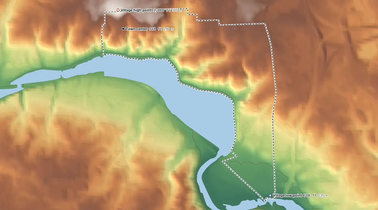 Topographic elevation map of Barton Hills, Michigan, shaded from 780 ft on the southeast side to 1,000 ft near the middle