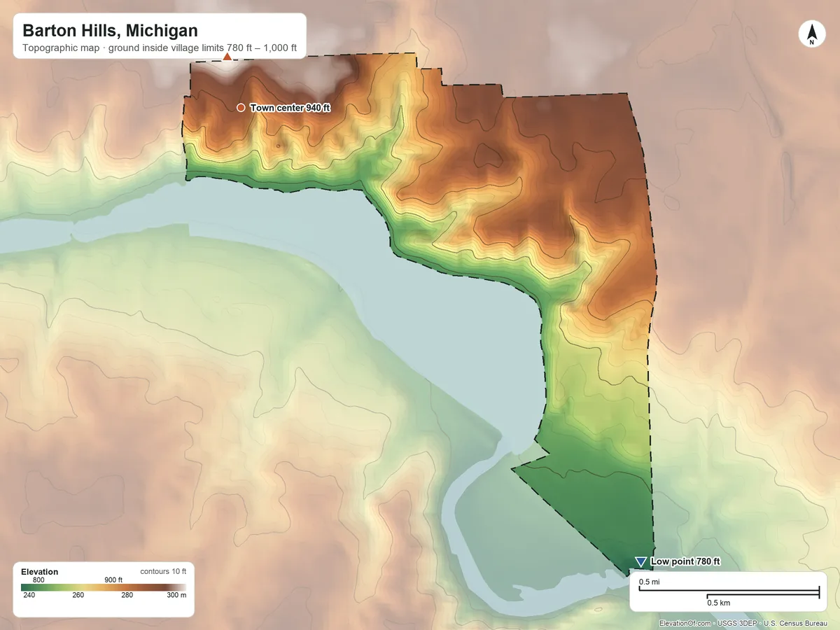Topographic elevation map of Barton Hills, Michigan, shaded from 780 ft on the southeast side to 1,000 ft near the middle