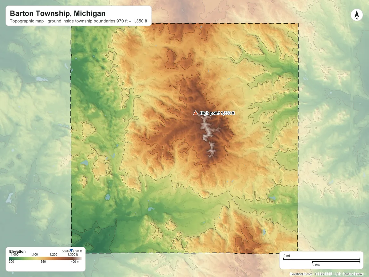 Topographic elevation map of Barton Township, Michigan, shaded from 970 ft on the southwest side to 1,350 ft on the northwest side
