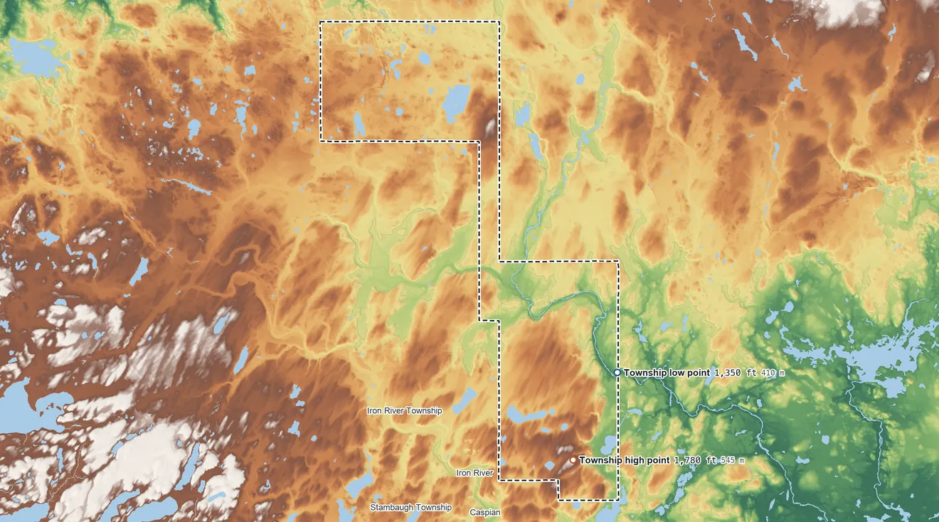 Topographic elevation map of Bates Township, Michigan, shaded from 1,350 ft on the northeast side to 1,780 ft near the middle