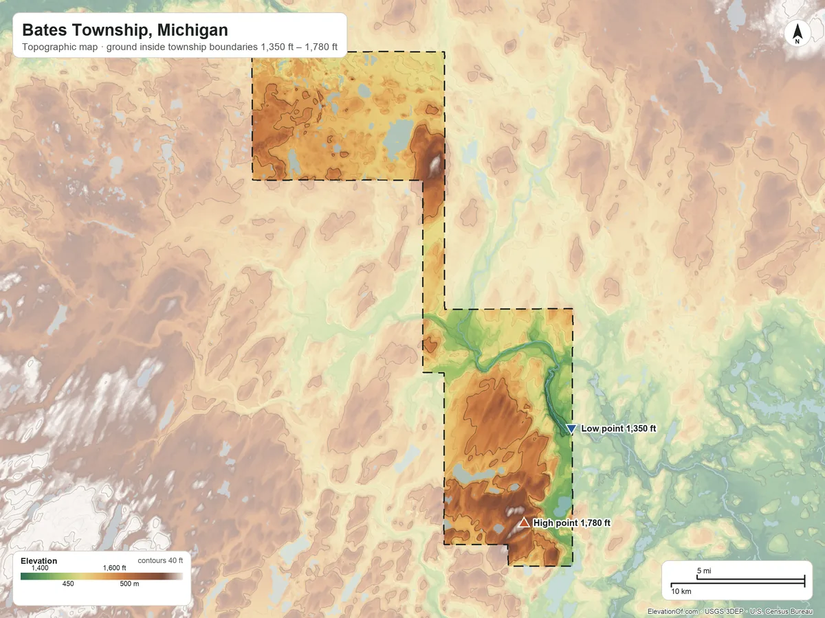 Topographic elevation map of Bates Township, Michigan, shaded from 1,350 ft on the northeast side to 1,780 ft near the middle