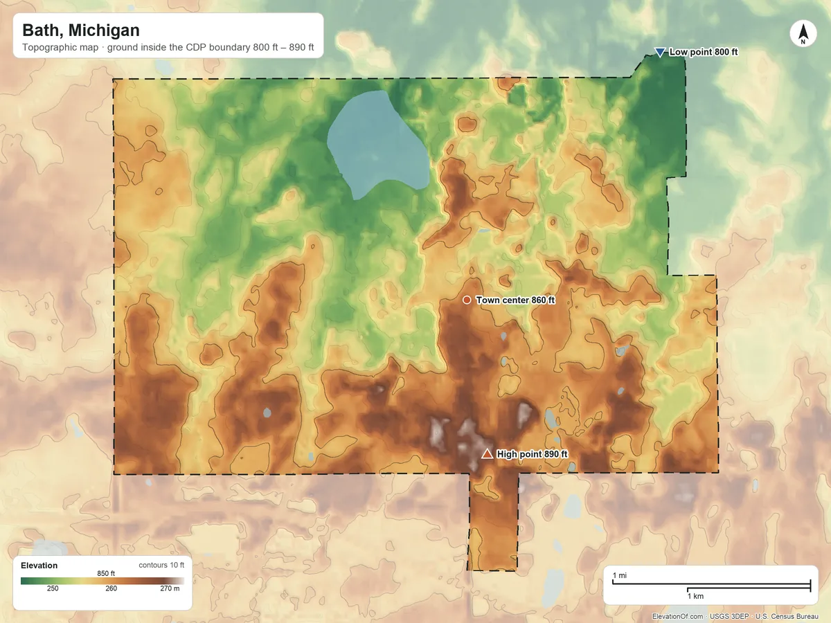 Topographic elevation map of Bath, Michigan, shaded from 800 ft on the northeast side to 890 ft on the south side