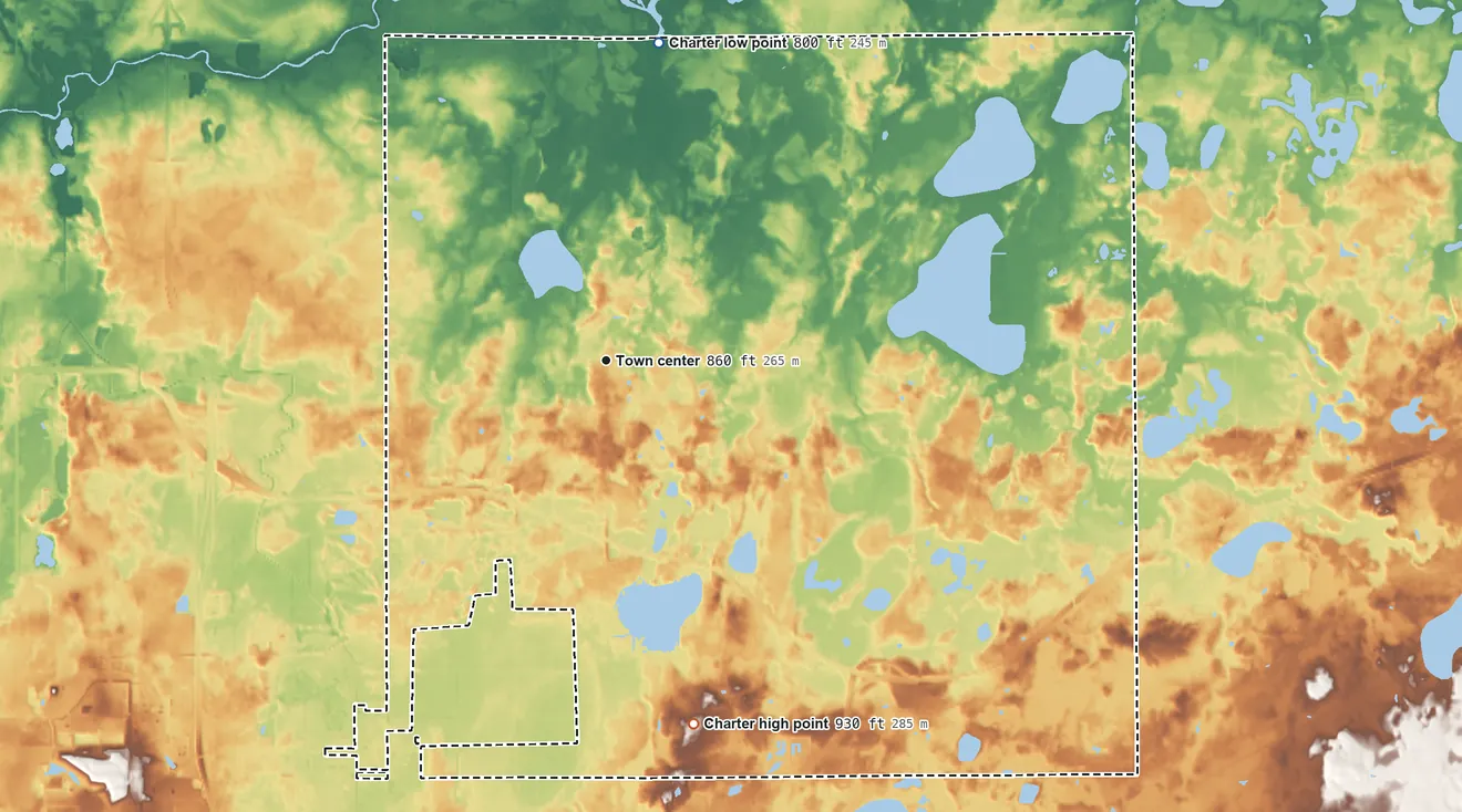 Topographic elevation map of Bath Township, Michigan, shaded from 800 ft on the north side to 930 ft on the south side