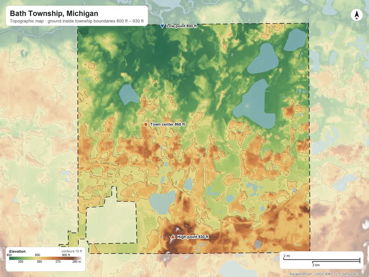 Topographic elevation map of Bath Township, Michigan, shaded from 800 ft on the north side to 930 ft on the south side