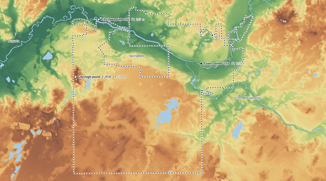 Topographic elevation map of Battle Creek, Michigan, shaded from 800 ft on the northwest side to 1,050 ft on the west side