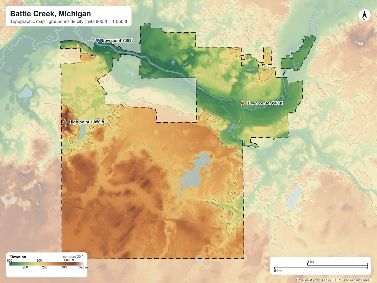 Topographic elevation map of Battle Creek, Michigan, shaded from 800 ft on the northwest side to 1,050 ft on the west side