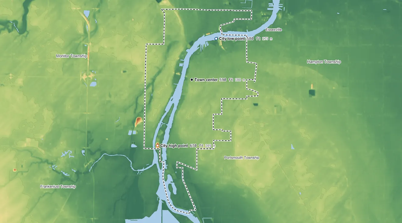 Topographic elevation map of Bay City, Michigan, shaded from 580 ft on the northeast side to 670 ft on the southwest side