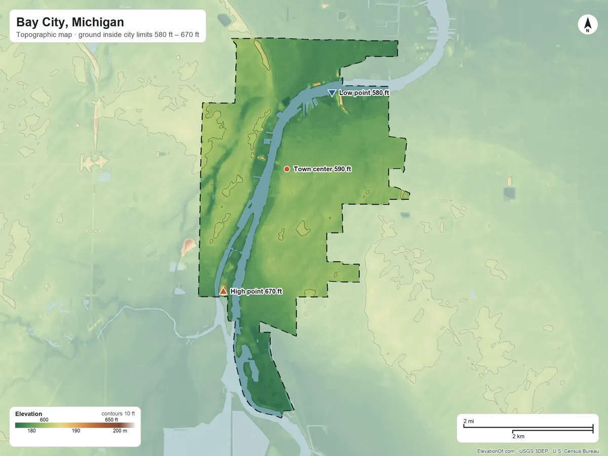 Topographic elevation map of Bay City, Michigan, shaded from 580 ft on the northeast side to 670 ft on the southwest side