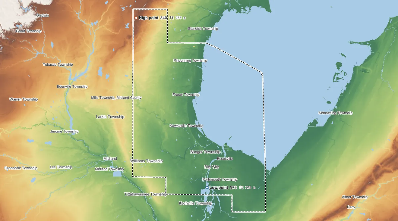 Topographic elevation map of Bay County, Michigan, shaded from 570 ft on the south side to 840 ft on the northwest side