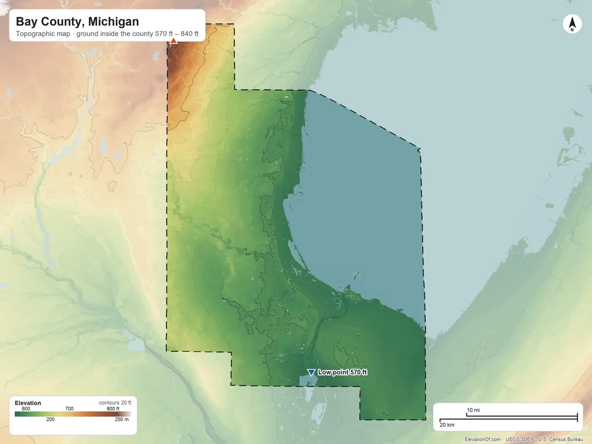 Topographic elevation map of Bay County, Michigan, shaded from 570 ft on the south side to 840 ft on the northwest side