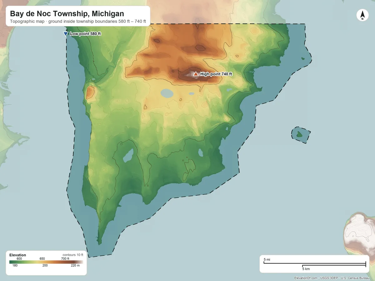 Topographic elevation map of Bay de Noc Township, Michigan, shaded from 580 ft on the northwest side to 740 ft on the northeast side