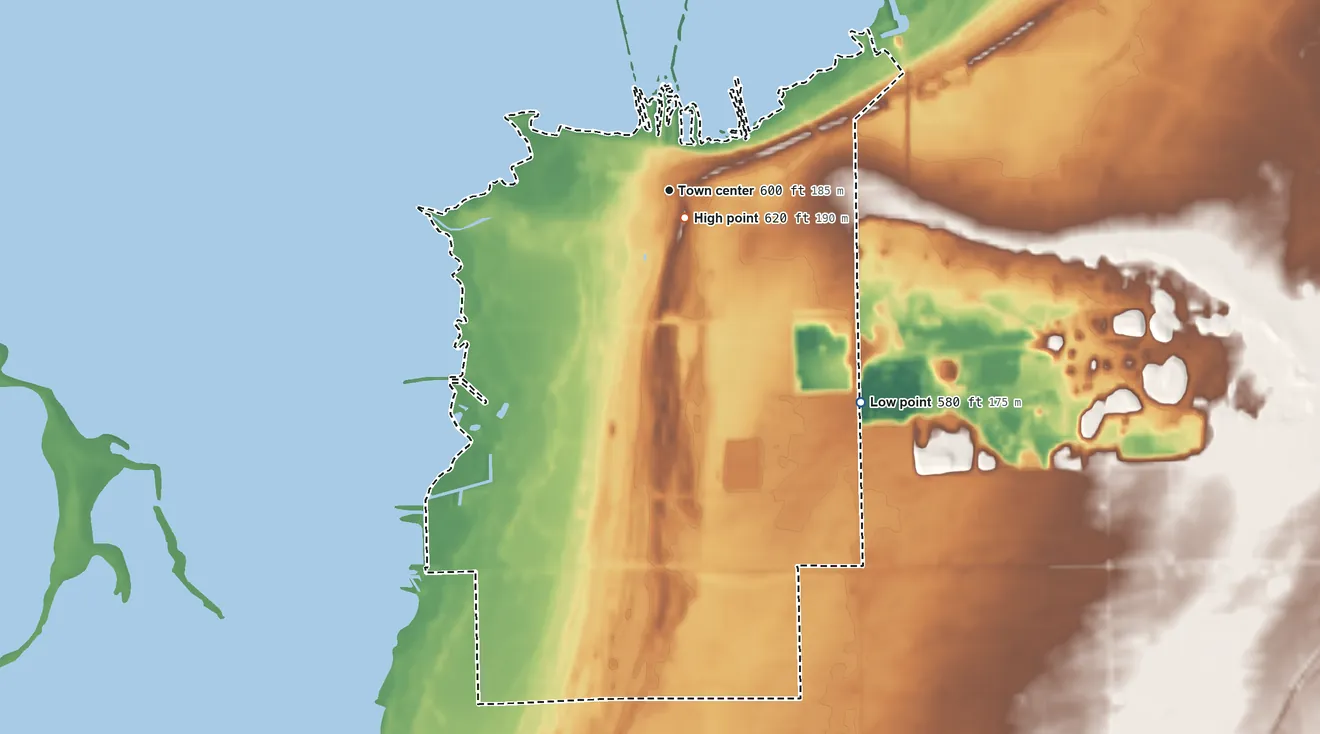 Topographic elevation map of Bay Port, Michigan, shaded from 580 ft on the southeast side to 620 ft near the middle