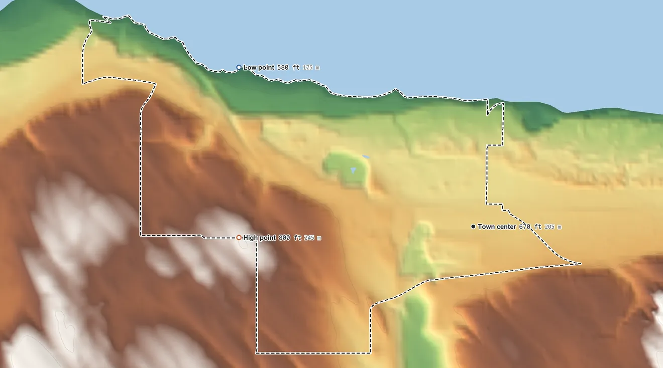 Topographic elevation map of Bay Shore, Michigan, shaded from 580 ft on the northwest side to 800 ft on the west side