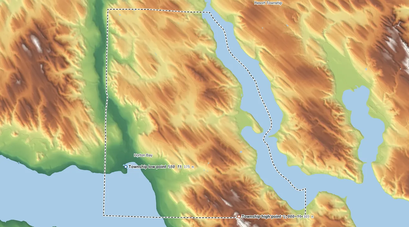 Topographic elevation map of Bay Township, Michigan, shaded from 580 ft on the southwest side to 1,000 ft on the southeast side