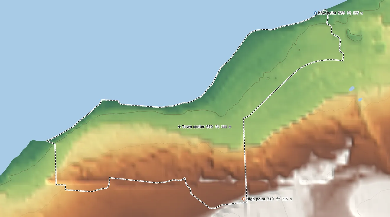 Topographic elevation map of Bay View, Michigan, shaded from 580 ft on the northeast side to 710 ft on the southeast side