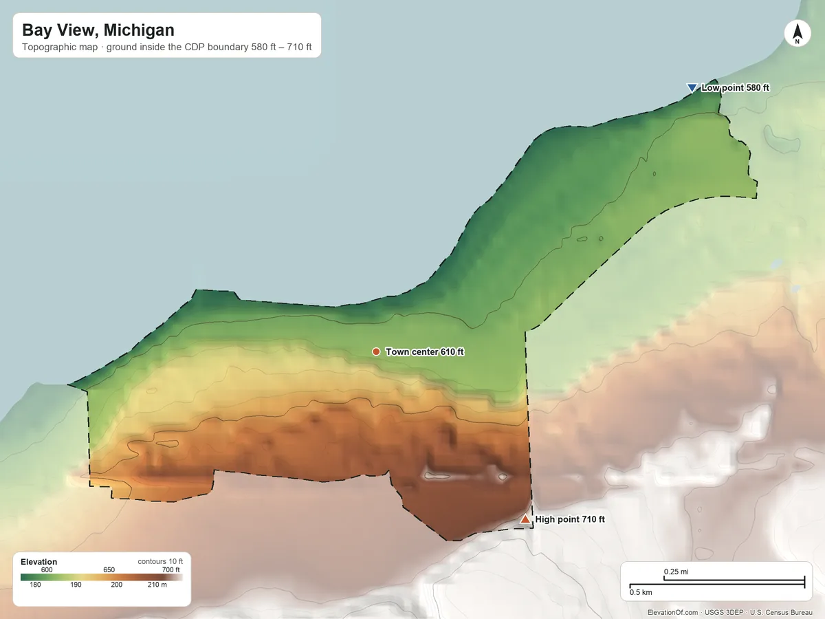 Topographic elevation map of Bay View, Michigan, shaded from 580 ft on the northeast side to 710 ft on the southeast side