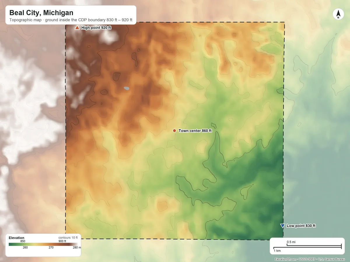 Topographic elevation map of Beal City, Michigan, shaded from 830 ft on the southeast side to 920 ft on the northwest side