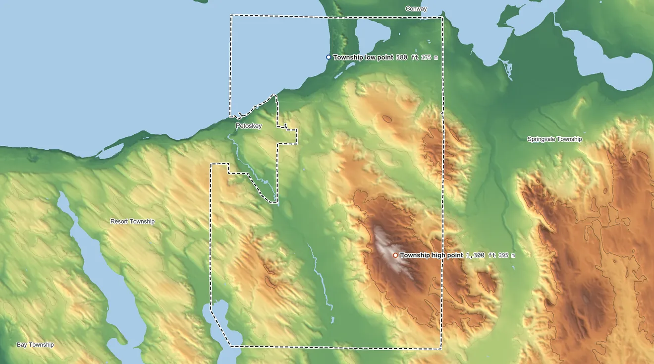 Topographic elevation map of Bear Creek Township, Michigan, shaded from 580 ft on the north side to 1,300 ft on the southeast side