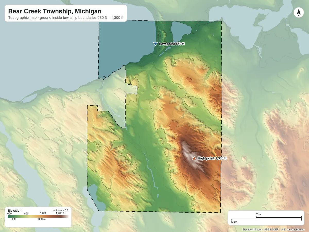 Topographic elevation map of Bear Creek Township, Michigan, shaded from 580 ft on the north side to 1,300 ft on the southeast side