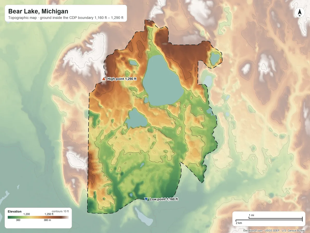 Topographic elevation map of Bear Lake, Michigan, shaded from 1,160 ft on the south side to 1,290 ft on the northwest side
