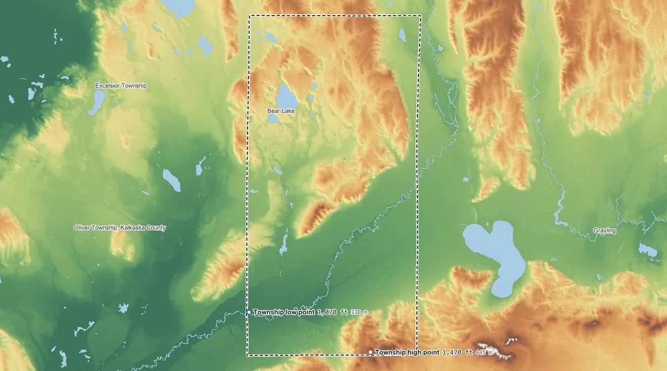 Topographic elevation map of Bear Lake Township, Kalkaska County, Michigan, shaded from 1,070 ft on the south side to 1,470 ft on Cleary Hill