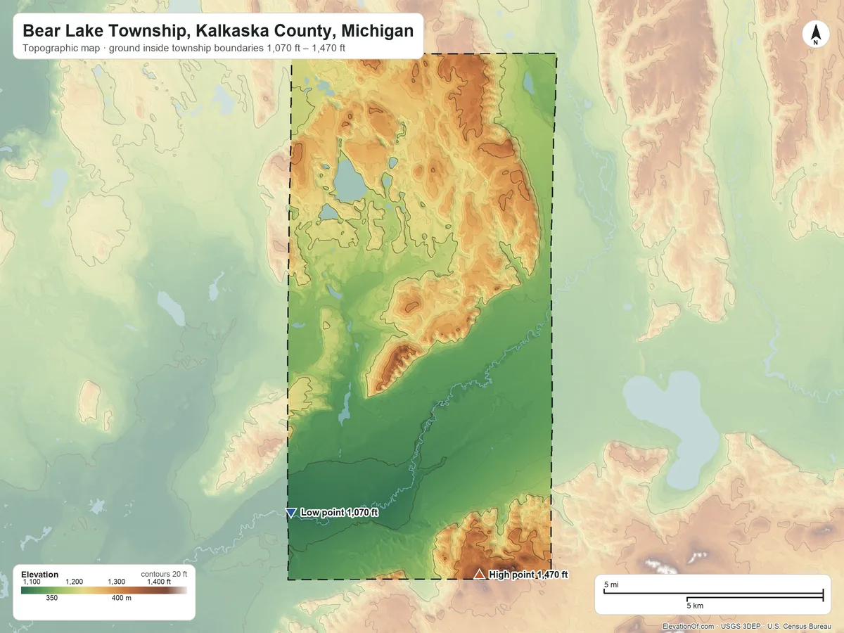 Topographic elevation map of Bear Lake Township, Kalkaska County, Michigan, shaded from 1,070 ft on the south side to 1,470 ft on Cleary Hill