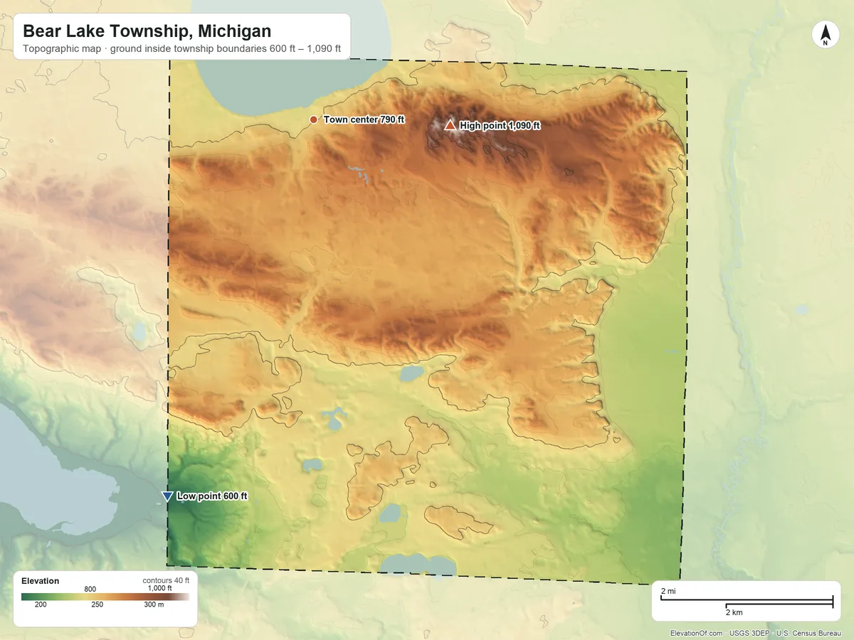 Topographic elevation map of Bear Lake Township, Michigan, shaded from 600 ft on the south side to 1,090 ft on the east side