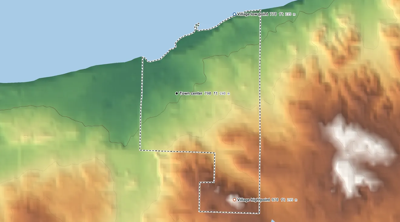 Topographic elevation map of Village of Bear Lake, Michigan, shaded from 770 ft on the northeast side to 970 ft on the southeast side