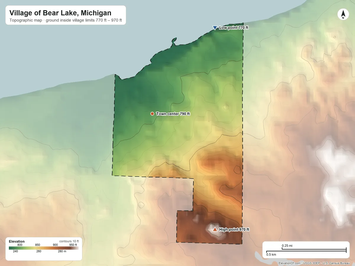 Topographic elevation map of Village of Bear Lake, Michigan, shaded from 770 ft on the northeast side to 970 ft on the southeast side